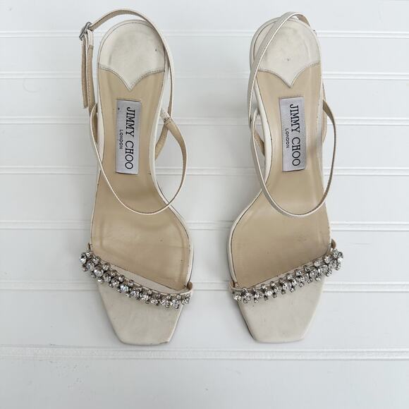 Jimmy Choo Meira 85 Heeled Sandals Off-White Latte Crystal Rhinestone Heels 38.5 - Picture 13 of 13